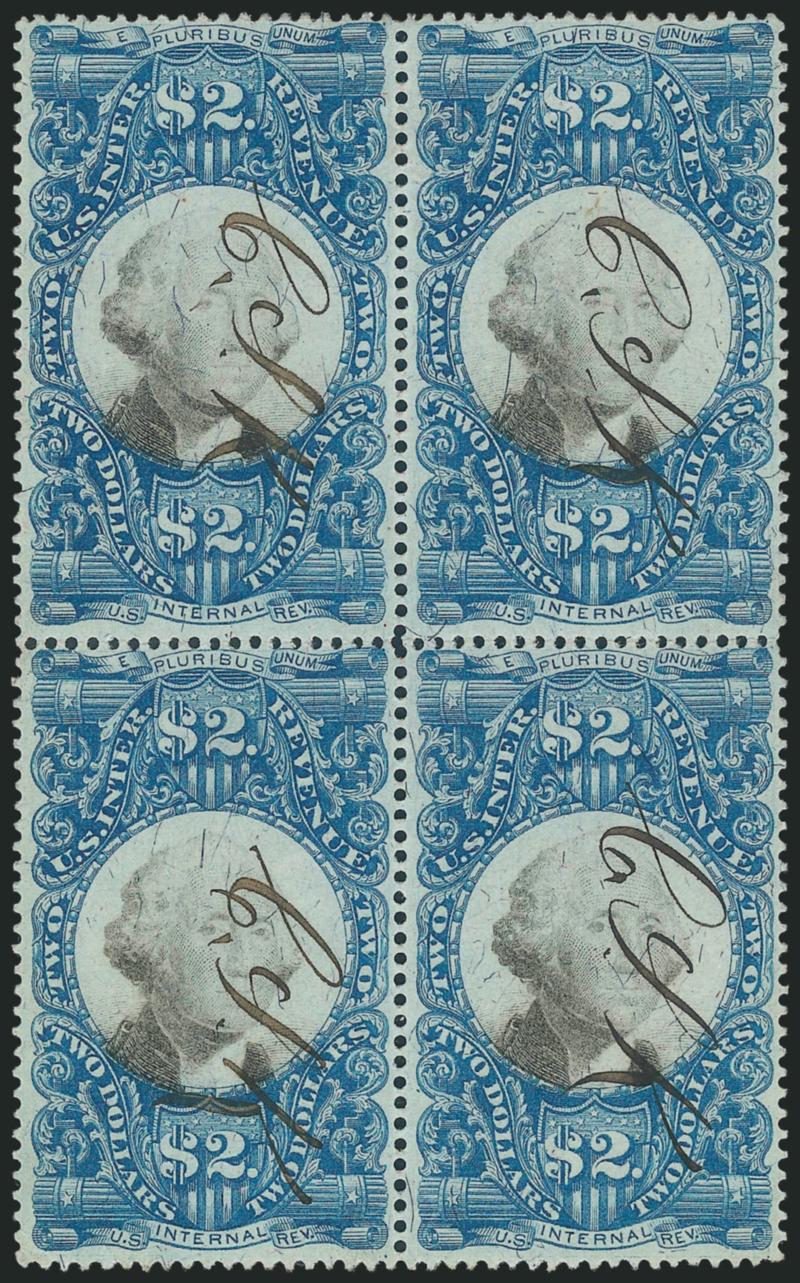 $2.00-$10.00 Second Issue (R123-R124, R128).> First two <blocks of four,> last horizontal strip of three with right selvage, ms. cancels, Fine lot