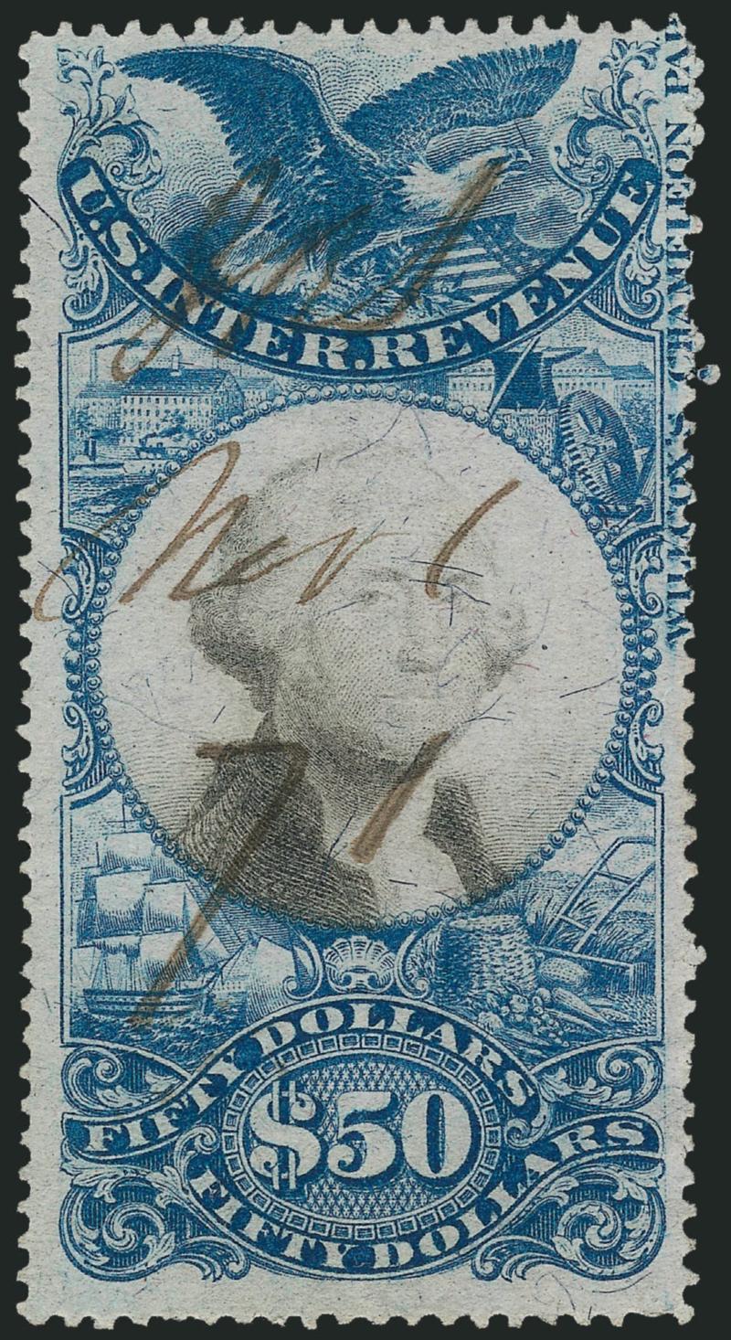 $50.00 Blue & Black, Second Issue (R131).> Clear impression, neat Nov. 1, 1871 ms. cancel, <Wilcoxs Chameleon Pap(er) captured imprint at right, Very Fine, scarce variety
