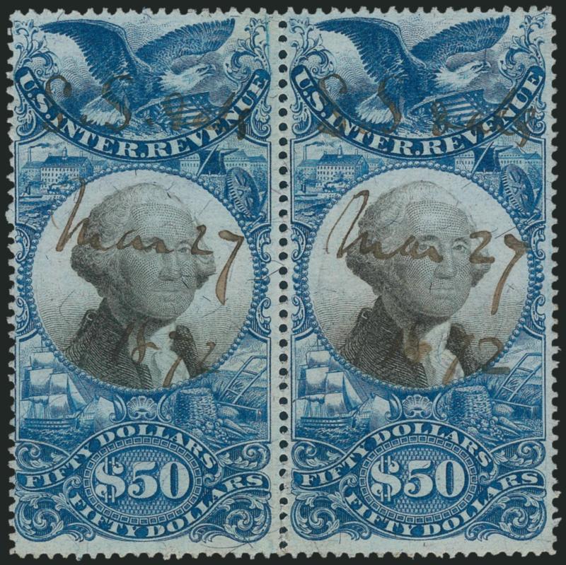 $50.00 Blue & Black, Second Issue (R131).> Horizontal pair, neat march 27, 1872 ms. cancels, left stamp vertical crease, Fine appearance right stamp sound and Very Fine