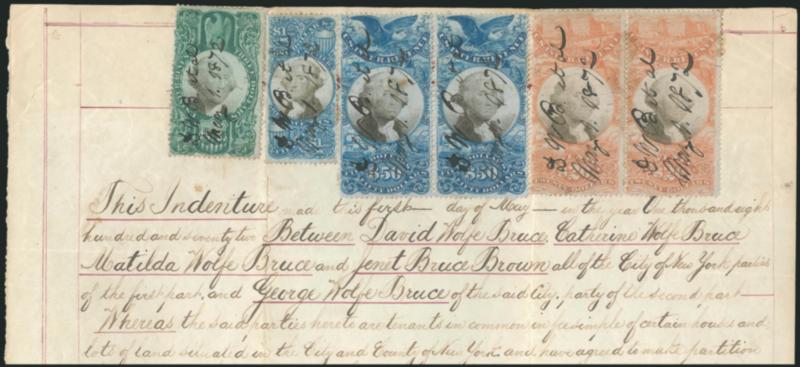 $50.00 Blue & Black, Second Issue (R131).> Horizontal pair, <used with $1.50 Second Issue (R120) and $3.00 and pair of $20.00 Third Issue (R147, R150),> cancelled by <<D. W. B. et al, May 9, 1872>> ms. cancels
on property indenture agreement, botto