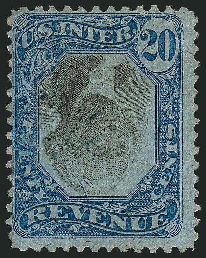 20c Blue & Black, Second Issue, Inverted Center (R111a).> Rich colors, lightly cut herringbone cancel leaves design completely visible, small faults incl. thinning, tiny pin hole from cancel and a light
scraped spot<><>^FINE APPEARANCE. ONLY FIFTEE