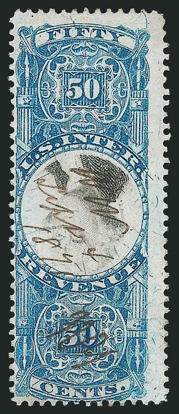 50c Blue & Black, Second Issue, Inverted Center (R115b).> Pretty color, centered to bottom left, neat <<WW Sep 4 1871 NY>> ms. cancel, fresh and Fine