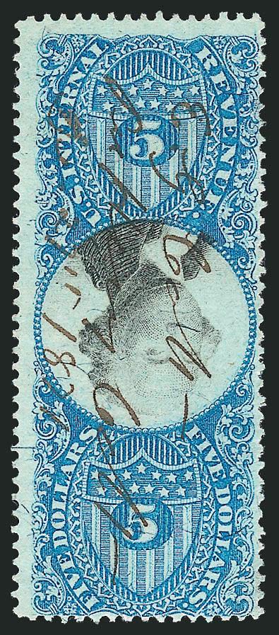 $5.00 Blue & Black, Second Issue, Inverted Center (R127a).> Rich color, 1871 ms. cancel, two thin spots, one tiny and not mentioned on accompanying certificate, the other deeper which the P.F. calls
strengthened, appears Fine, scarce, with 1976 P.F