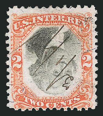 2c Orange & Black, Third Issue, 1c Green & Black, Proprietary, Inverted Center (R135b, R152a, RB1d).> Six of first, one each of second and third, No. RB1d repaired with portions added, others mix of handstamp
and ms. cancels, couple small flaws, over