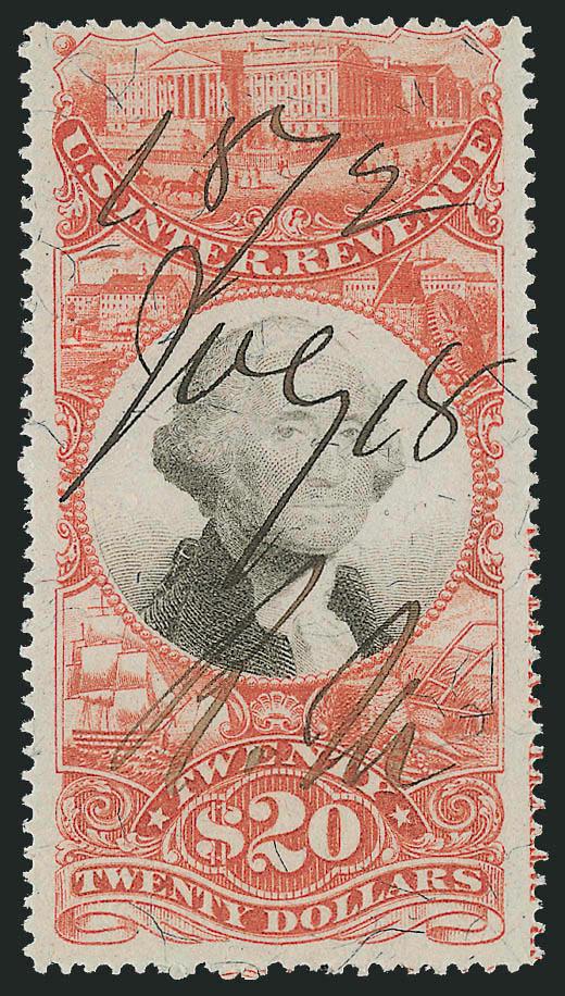$20.00 Vermilion & Black, Third Issue, Error of Color (R150a).> Exceptionally wide side margins showing trace of imprint at right, unmistakable Vermilion error color, 1872 ms. cancel, Very Fine for this scarce
color error, ex Depriest, with 1990 P.F.