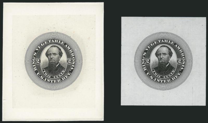 Rings Vegetable Ambrosia, 2c Black, Large Die Proof, 2c Blue, Large Die Trial color Proof Paper (RS199P1, RS199TC1).> Two of former, one die sunk on card 55 x 65mm, other off card, 44 x 48mm, two of latter,
one off card, 45 x 48mm and other cut to s