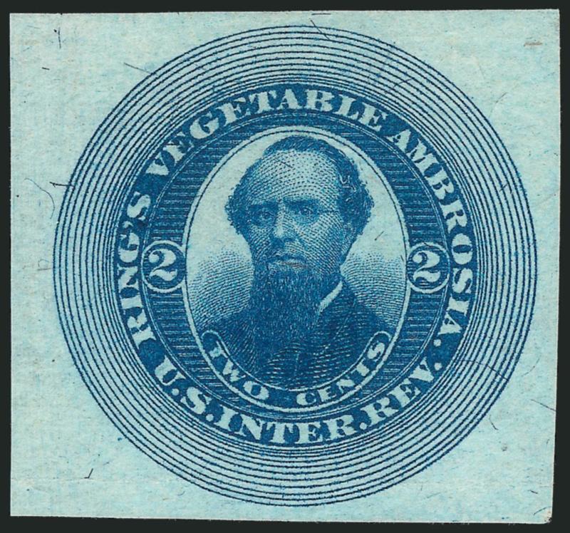 Rings Vegetable Ambrosia, 2c Blue on Silk Paper, Imperforate (RS199b).> Unused (no gum), large margins, fresh and bright, faint horizontal crease<><>^EXTREMELY FINE APPEARANCE. A BEAUTIFUL EXAMPLE OF THIS RARE
PRIVATE DIE PROPRIETARY REVENUE STAMP