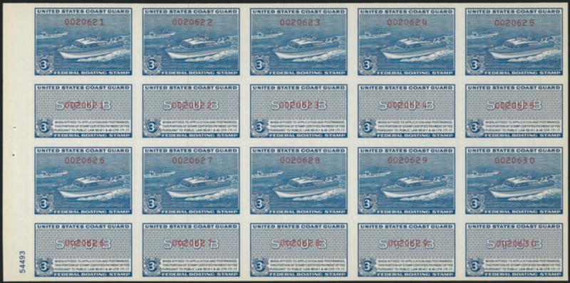 $1.00, $3.00 1960 Boating Stamps (RVB1-RVB2).> Mint N.H. complete panes of ten, fresh and Very Fine