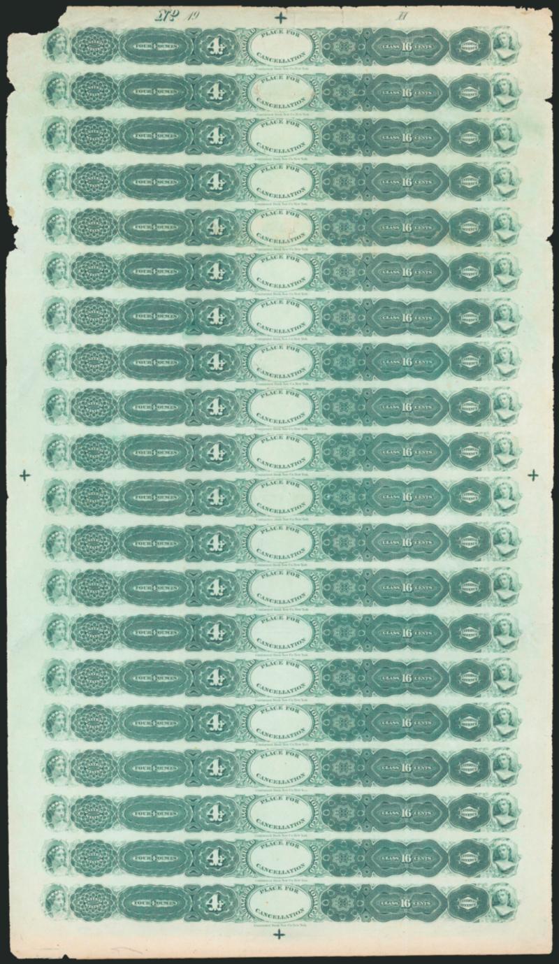 4 Oz.-16 Oz. Tobacco Strip Stamps, 1868 and 1869 Issues, Class 16 Cents (Springer TG1-TG3, TG9).> Complete unused sheets of twenty, fifteen, twelve and twenty respectively, TG1 has some defects, three TG3 torn
and all of the first three have some ton