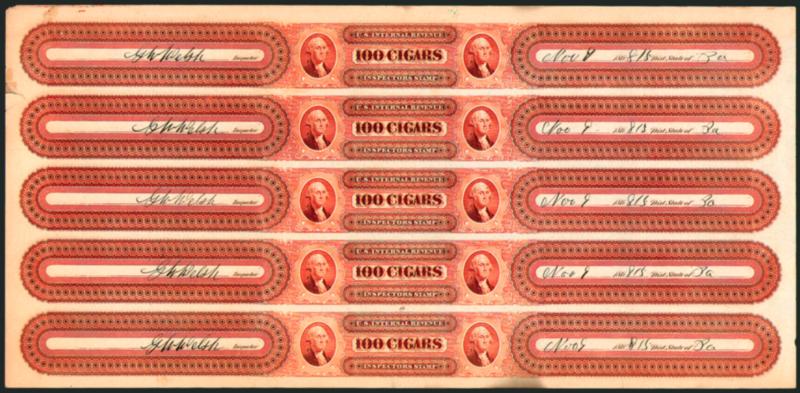 Cigar Strip Stamp, 1866 Second Issue, 100 Cigars (Springer TC48).> Strip of five, plate no. 19 with inspectors signatures and dates, few minor flaws and -12 in. margin tear, otherwise Extremely Fine
