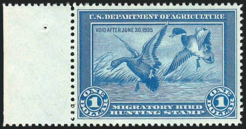 $1.00 1934 Hunting Permit (RW1).> Mint N.H. with left selvage, bright color, Very Fine and choice, with 2010 P.S.E. certificate (VF-XF 85 $890.00)