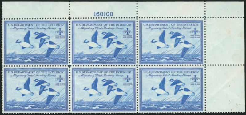 $1.00, $2.00 1948-55 Hunting Permits (RW15-RW16, RW21-RW22).> Corner plate no. blocks of six, Mint N.H., No. RW16 gum crease and selvage inclusion, No. RW22 light gum disturbance, otherwise Fine-Very
Fine