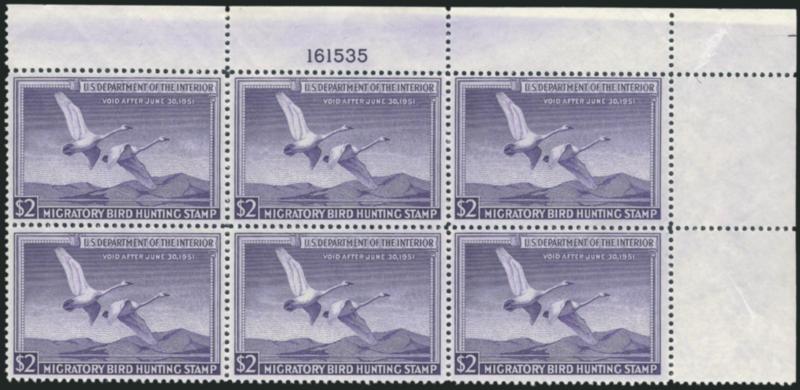 $2.00 1950 Hunting Permit (RW17).> Mint N.H. top right corner plate no. 161535 block of six, pretty color, some natural gum skips, Fine-Very Fine