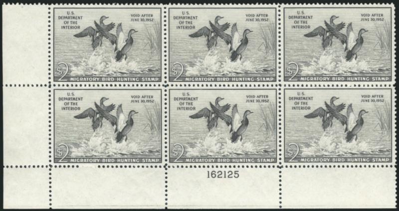 $2.00 1951 Hunting Permit (RW18).> Bottom left corner plate no. 162125 block of six, beautiful margins and centering, pos. 2 small faint hinge mark, other five Mint N.H. (these have Scott Retail of $475.00),
Extremely Fine, Scott Retail as Mint N.H.