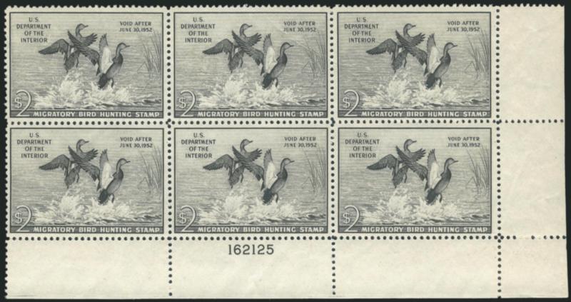 $2.00 1951-52 Hunting Permits (RW18-RW19).> Corner plate no. blocks of six, two of each, Mint N.H., some gum skips, one RW18 with minor surface gum spillage and tiny adherence specks on back, other two stamps
pretty heavy crease, otherwise Fine-Very