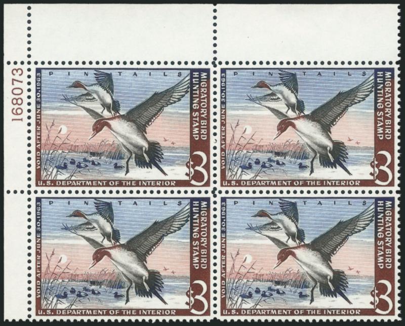 $3.00 1959-62 Hunting Permits (RW26-RW29).> Plate no. blocks of four, each with one stamp or selvage hinge mark, beautifully centered, Extremely Fine, Scott Retail as Mint N.H. plate blocks