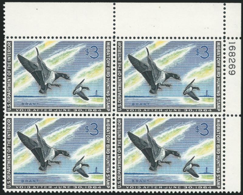 $3.00 1963 Hunting Permit (RW30).> Mint N.H. top left plate no. 168269 block of four, beautifully centered, Extremely Fine