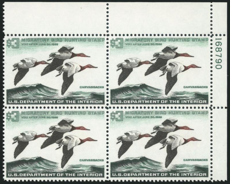 $3.00 1965 Hunting Permit (RW32).> Mint N.H. top right plate no. 168790 block of four, lovely colors, incredibly well-centered, Extremely Fine