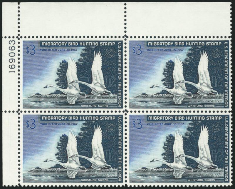 $3.00 1966 Hunting Permit (RW33).> Mint N.H. top left plate no. 169063 block of four, Very Fine-Extremely Fine