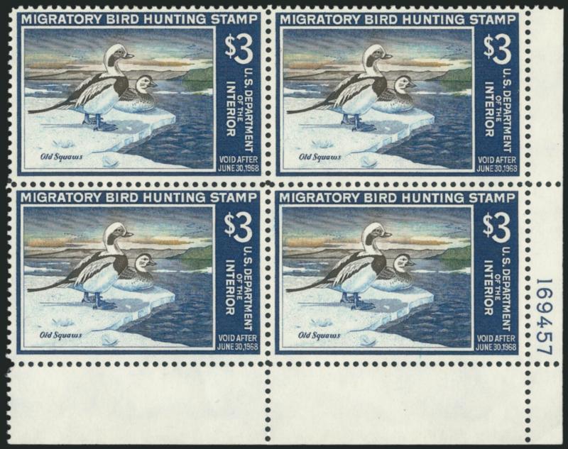 $3.00 1967 Hunting Permit (RW34).> Mint N.H. bottom right plate no. 169457 block of four, lovely colors, Very Fine