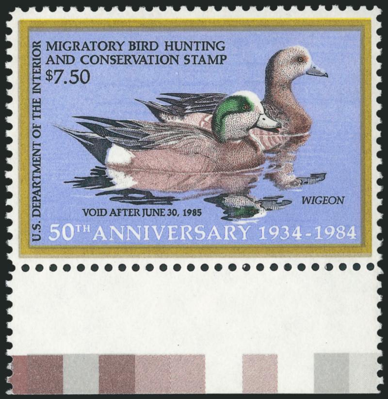 $7.50 1984 Hunting Permit, Special Printing (RW51x).> Mint N.H. with bottom registration bars selvage, from sheet 12, pane four, pos. 29, Very Fine and choice, with 1987 P.F. certificate