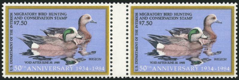 $7.50 1984 Hunting Permit, Special Printing, Horizontal Pair with Vertical Gutter Between (RW51x var).> Mint N.H., pane 1, pos. 20 and pane 2, pos. 16, from the thirteenth sheet of the 15 printed, one of which
is in the Smithsonian, Very Fine, with p