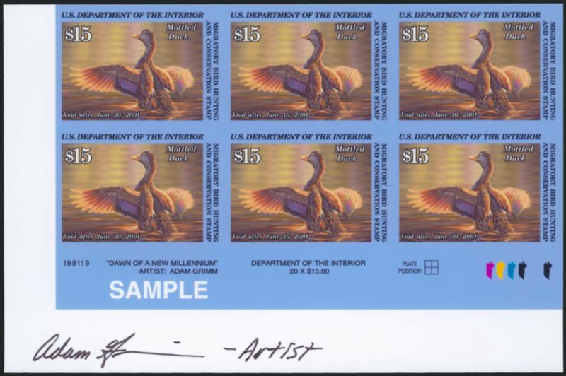 $15.00 2000 Hunting Permit, Cromalin Photo Trial Color Proof With Blue Border Instead of Purple (RW67TC).> Bottom left corner plate no. 199119 block of six with white reverse letter SAMPLE and <artist singed,>
Extremely Fine, with copy of 2005 Bo