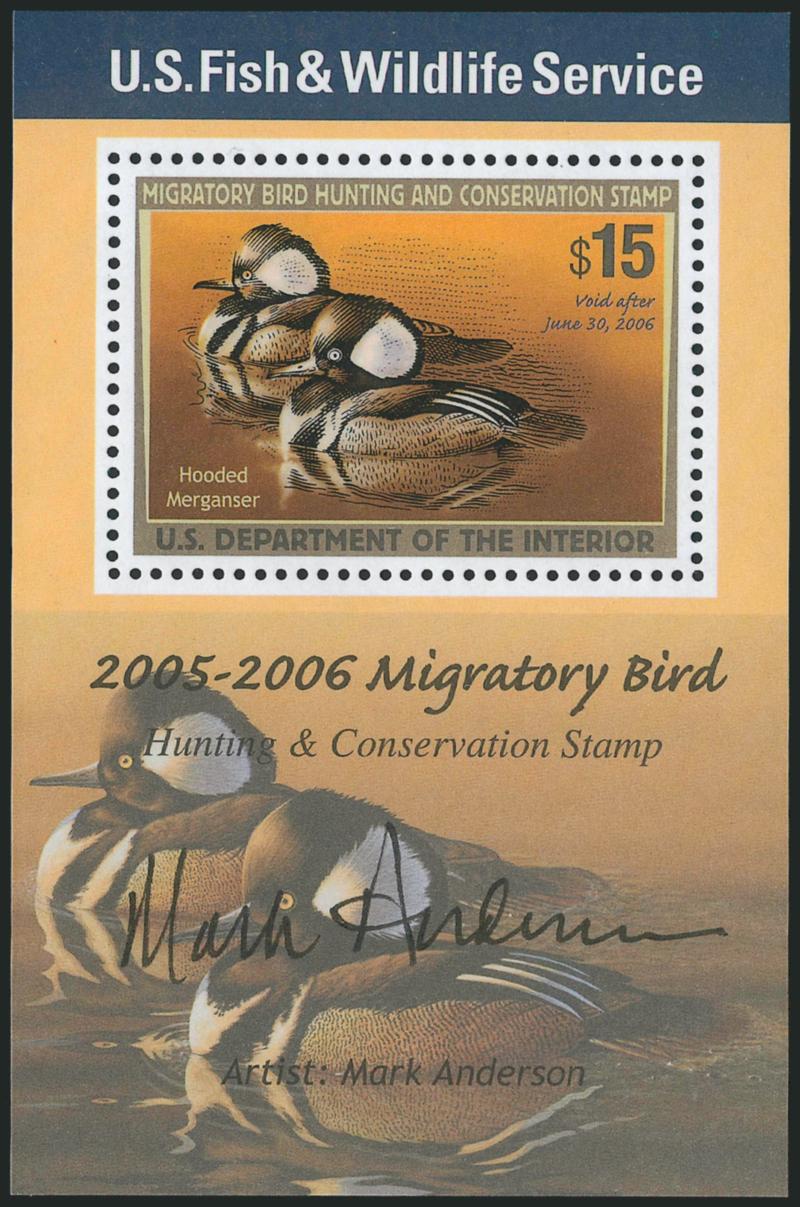 $15.00 2005 Hunting Permit, Souvenir Sheet, Artist Signed in Black (RW72b).> Mint N.H., Extremely Fine, 1,000 souvenir sheets were printed and sold for $20.00 each, all are artist signed, approximately 750 in
black, 150 in blue and 100 in gold