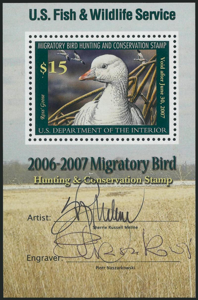 $15.00 2006 Hunting Permit, Souvenir Sheet, Artist Signed (RW73b).> Four, <one is also singed by the engraver,> also incl. color facsimile with both signatures, Very Fine