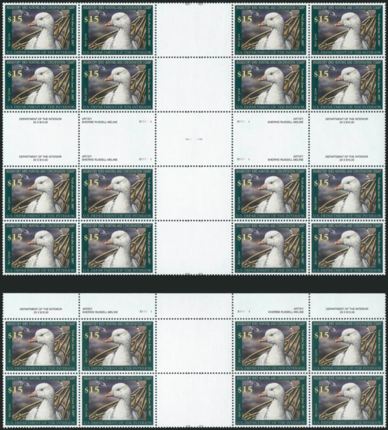 $15.00 2006 Hunting Permit, Cross Gutter Block of 16 (RW73 var).> From press sheet, also incl. block of eight with vertical gutter between and plate nos., Mint N.H., Very Fine, only 250 cross gutter blocks are
known