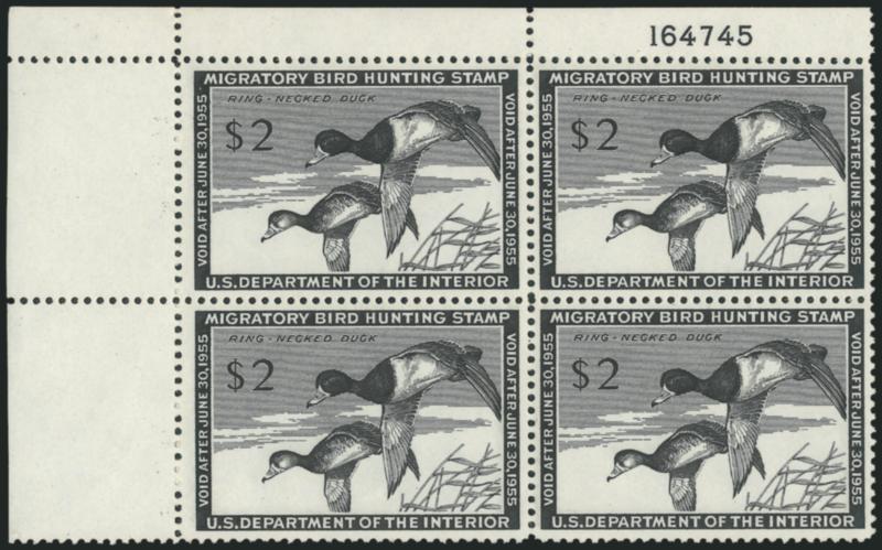 $1.00, $2.00 1945-50 Hunting Permits (RW12-RW14, RW17, RW21).> Six blocks of four, incl. extra RW12, all with plate nos. except one, Mint N.H., Fine-Very Fine