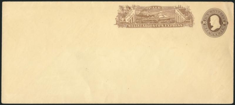HAWAII, Wells, Fargo & Co. Hawaii-U.S. Express.> Printed frank in brown (Haller WF-HA) on unused legal-size 10c Chocolate on Amber entire (U190), trivial corner wear, Very Fine, this is a very rare franked
entire