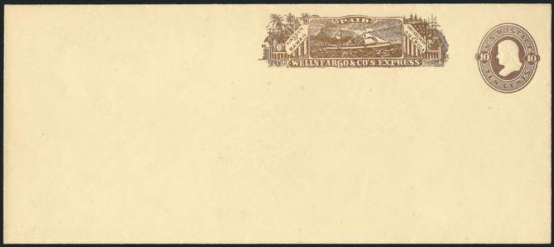 HAWAII, Wells, Fargo & Co. Hawaii-U.S. Express.> Printed frank in brown (Haller WF-HA) on unused legal-size 10c Chocolate on Amber entire (U190), Extremely Fine, this is a very rare franked entire