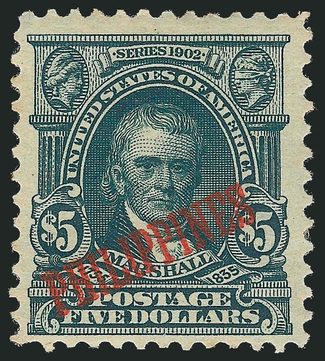 PHILIPPINES, 1903-04, 50c-$5.00 Ovpts. (236-239).> $2.00 disturbed original gum, $5.00 h.r., margins clear on all, couple small flaws incl. $5.00 corner perf thin, otherwise Fine, only 695 of the $2.00 and 746
of the $5.00 issued