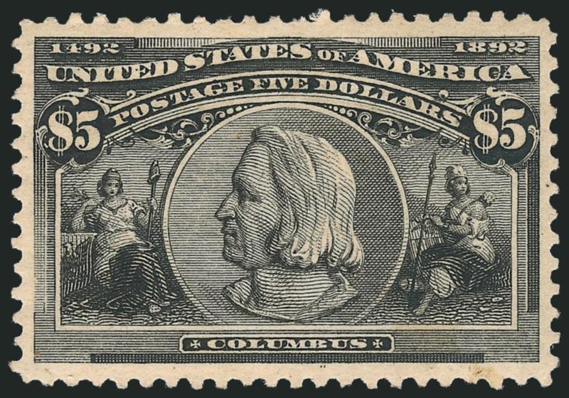 $1.00-$5.00 Columbian (241-245).> Unused, $2.00 and $4.00 regummed, others h.r. or disturbed original gum, faults incl. thins, couple are very minor, Fine-Very Fine appearance, the $5.00 quite attractive with
particularly wide margins