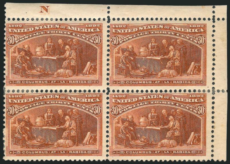 1c-30c Columbian (230-239).> Blocks of four, 4c and 10c Mint N.H., 1c unused (no gum), rest generally with h.r., 30c with letter N top right corner selvage, 4c with part imprint at left, bright colors
throughout, few perf separations and a couple m