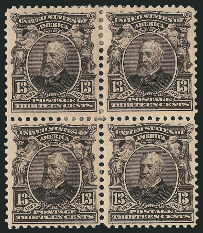 1c-13c 1902-03 Issue (300-304, 306, 308).> Blocks of four, incl. extra shade of 4c, 1c-3c Mint N.H., two 4c stamps and one 8c Mint N.H., one 4c block spots on back, one 8c small thin spot, otherwise Fine-Very
Fine