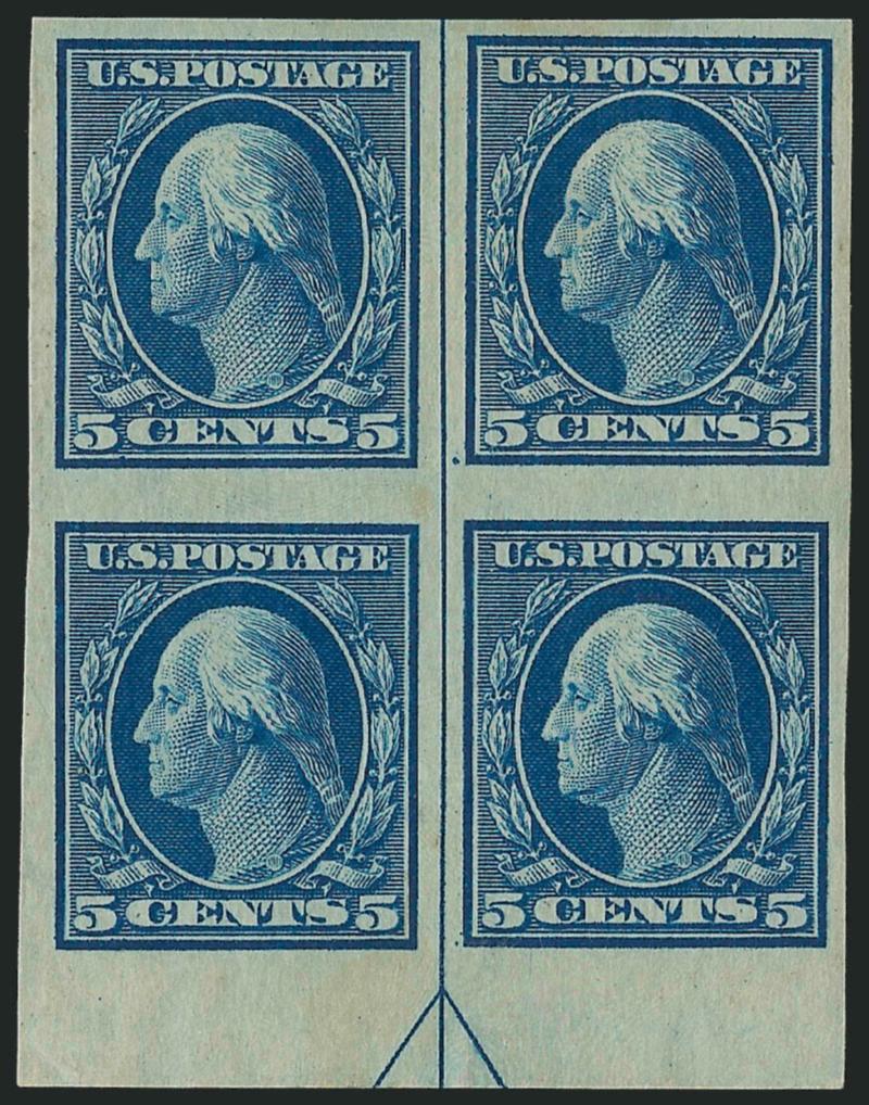4c Orange Brown, 5c Blue, Imperforate (346-347).> Former matched corner blocks of four (14 stamps Mint N.H.), latter complete matched set of arrow and centerline blocks of four, top pos. shows numerous
hairline cracks in selvage, bottom pair lightly