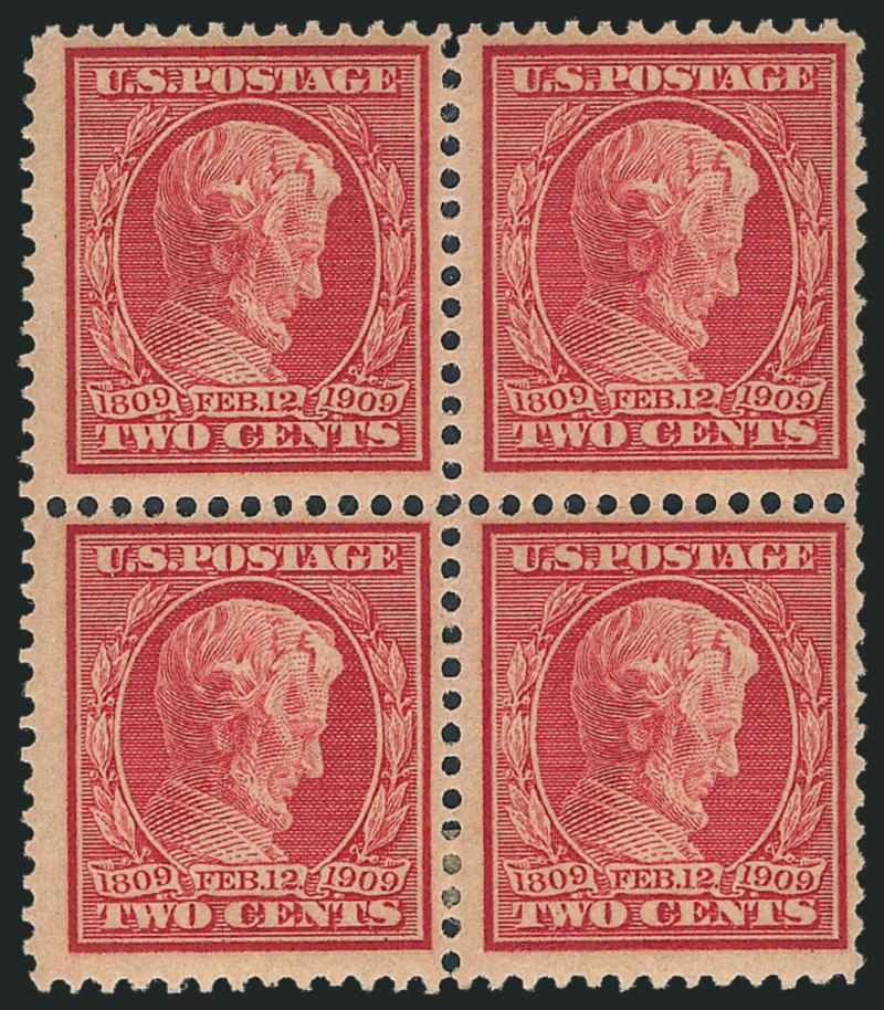 2c Lincoln, Bluish (369).> Block of four and single, block with h.r. in bottom pair, Fine, single with light horizontal crease, appears Very Fine, also incl. two centerline blocks of four of the imperforate
issue (368), Very Fine
