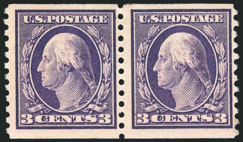 1c-5c 1914 Coils (443-447).> 2c and 4c guide line pairs, others normal pairs, Fine lot, No. 445 2009 A.P.S. and No. 446 2004 Weiss certificate