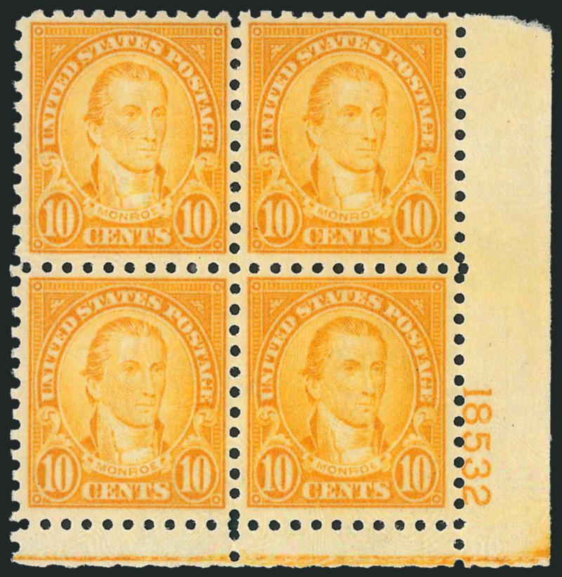 1c-10c 1923-26 Issue, Perf 10 (581-591).> Plate no. blocks of four except 3c ordinary block, most Mint N.H. incl 10c, 4c reduced selvage, incl. extra 5c and 9c, one 5c short perf, other trivial separation,
otherwise Fine-Very Fine