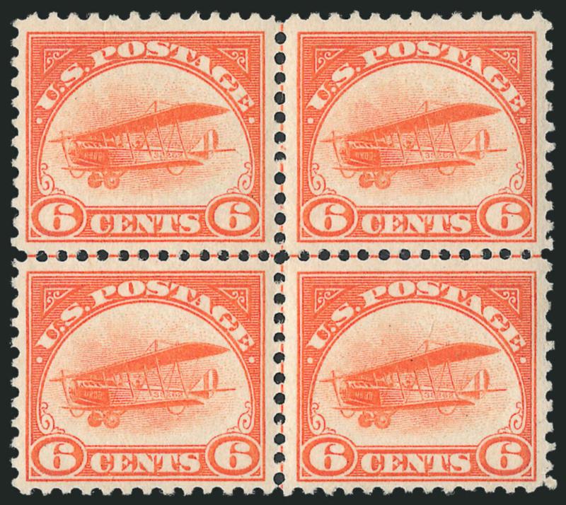 Air Post Blocks of Four (C1-C2, C18).> Two Mint N.H. blocks of four of C1, one a centerline block, bright color and choice centering, Extremely Fine, top arrow block of four of C1, lightly hinged, centerline
block of four of C2, two stamps Mint N.H.,