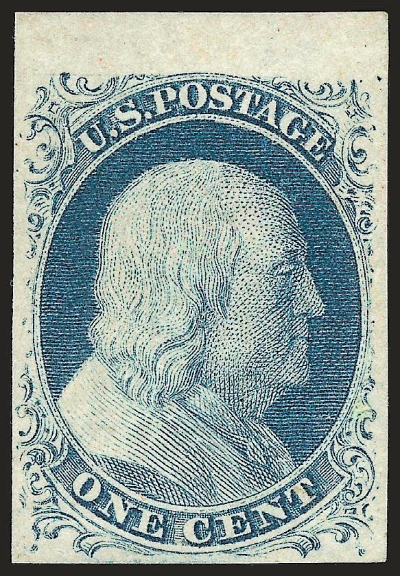 1c Blue, Ty. II (7).> Position 4L2, original gum which has been only very lightly hinged, large to huge margins incl. <sheet margin at top,> brilliant color on bright paper<><>^EXTREMELY FINE. A BEAUTIFUL
LIGHTLY-HINGED EXAMPLE OF THE IMPERFORATE 1