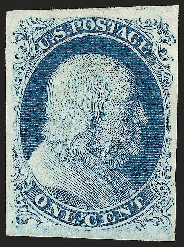 1c Blue, Ty. IIIa (8A).> Position 31L4 with wide break at top, original gum, lightly hinged, huge even margins, rich Plate 4 color<><>^EXTREMELY FINE GEM. A SUPERB AND RARE ORIGINAL-GUM EXAMPLE OF THE 1851
IMPERFORATE ONE-CENT TYPE IIIA FROM PLATE