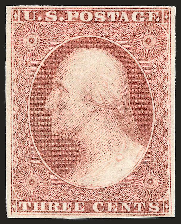 3c Brownish Carmine (11 var). Mint N.H.,>  large margins, deep rich color on bright paper, Extremely Fine, a beautiful stamp, surprisingly scarce in Mint N.H. condition, we have only sold four others since
keeping computerized records, with 1989 P.F.