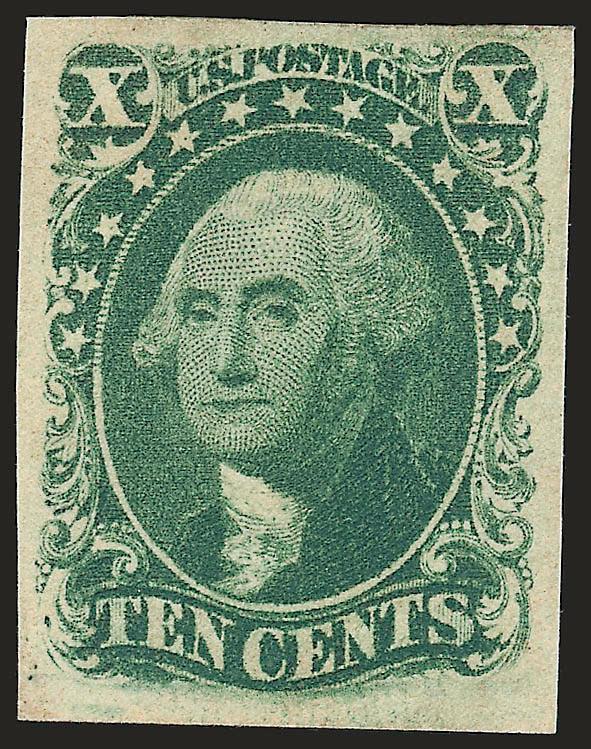 10c Green, Ty. III (15).> Position 41L1, original gum which is barely hinged, large even margins, rich color<><>^EXTREMELY FINE GEM. A SUPERB ORIGINAL-GUM EXAMPLE OF THE 1855 IMPERFORATE 10-CENT TYPE
III.^<><>This wonderful example of the 1855 10