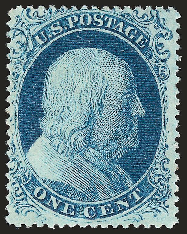 1c Blue, Ty. II (20). Mint N.H.,> from the top row of <Plate 2,> deep rich color on bright paper, unusually choice centering clearly showing the type characteristics<><>^EXTREMELY FINE. AN EXCEEDINGLY RARE MINT
NEVER-HINGED EXAMPLE OF THE PERFORATE