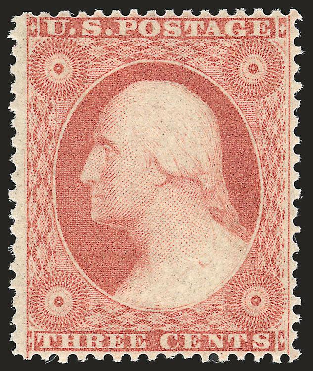 3c Dull Red, Ty. II (26). Mint N.H.,> radiant color, well-centered for this difficult issue, Very Fine and choice, with 1990 P.F. certificate, Scott Retail as hinged