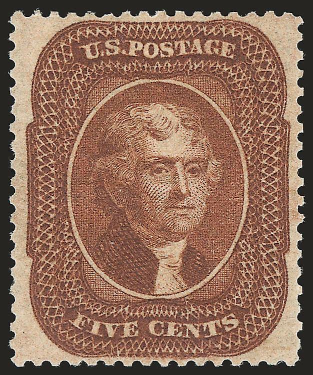 5c Orange Brown, Ty. II (30).> Original gum, lightly hinged, beautiful warm color, choice centering with unusually wide margins<><>^EXTREMELY FINE. A GORGEOUS ORIGINAL-GUM EXAMPLE OF THE 5-CENT TYPE II ORANGE
BROWN ISSUED IN 1861.^<><>With 1994 P