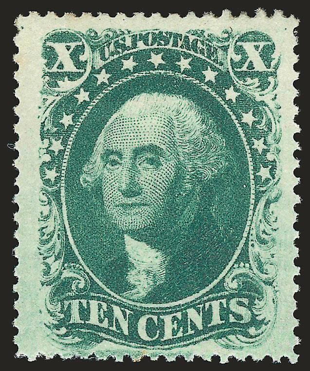 10c Green, Ty. V (35).> O.g., barest trace of hinging, rich color, choice centering with huge and balanced margins at sides, fresh and Extremely Fine, a huge stamp, with 1986 and 2007 P.F. and 2007 P.S.E.
certificates (VF-XF 85 SMQ $430.00)